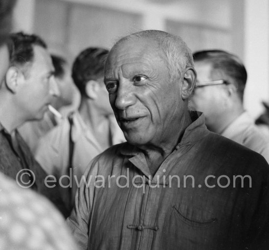 Pablo Picasso at the summer ceramic exhibition "Japon. Céramique contemporaine" at the Nérolium. Vallauris 21.7.1951. - Photo by Edward Quinn