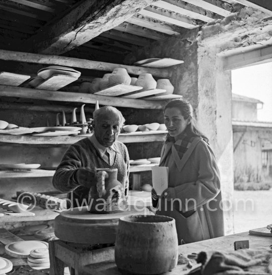 Pablo Picasso and Françoise Gilot at the Madoura pottery. Vallauris 23.3.1953. - Photo by Edward Quinn