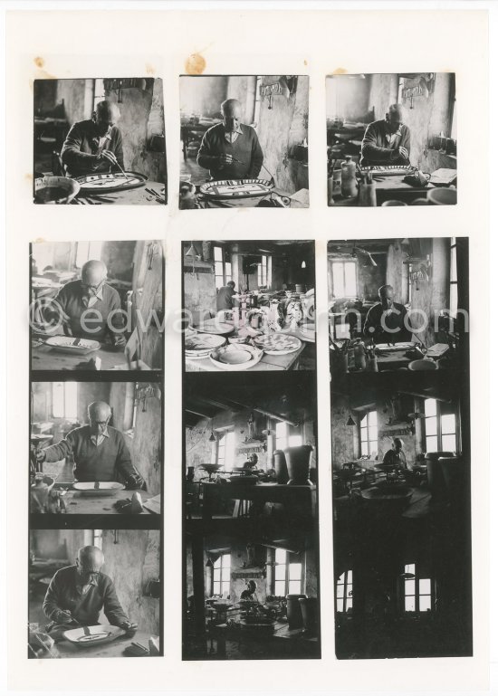 Contact prints Pablo Picasso at work, Madoura pottery, Vallauris 1953, collage by Edward Quinn, 1953. - Photo by Edward Quinn