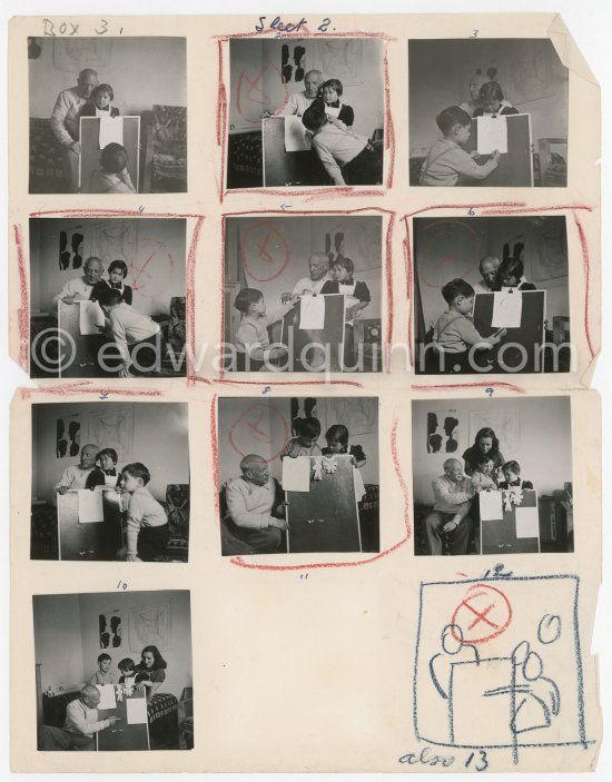 Contact prints of the photos of the drawing lesson given by Pablo Picasso to his children Claude Picasso and Paloma Picasso. "La Galloise", Vallauris 16.4.1953. Collage by Edward Quinn. - Photo by Edward Quinn
