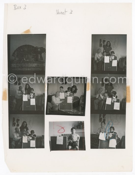 Contact prints of the photos of the drawing lesson given by Pablo Picasso to his children Claude Picasso and Paloma Picasso. "La Galloise", Vallauris 16.4.1953. Collage by Edward Quinn. - Photo by Edward Quinn