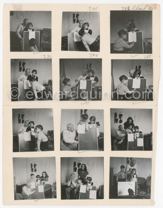 Contact prints of the photos of the drawing lesson given by Pablo Picasso to his children Claude Picasso and Paloma Picasso. "La Galloise", Vallauris 16.4.1953. Collage by Edward Quinn. - Photo by Edward Quinn