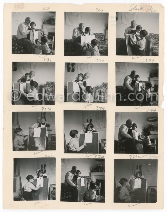 Contact prints of the photos of the drawing lesson given by Pablo Picasso to his children Claude Picasso and Paloma Picasso. "La Galloise", Vallauris 16.4.1953. Collage by Edward Quinn. - Photo by Edward Quinn