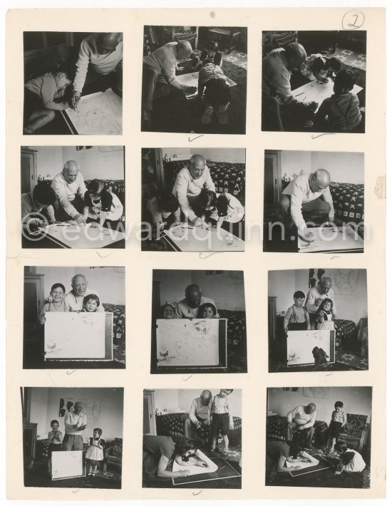 Contact prints of the photos of the drawing lesson given by Pablo Picasso to his children Claude Picasso and Paloma Picasso. "La Galloise", Vallauris 16.4.1953. Collage by Edward Quinn. - Photo by Edward Quinn