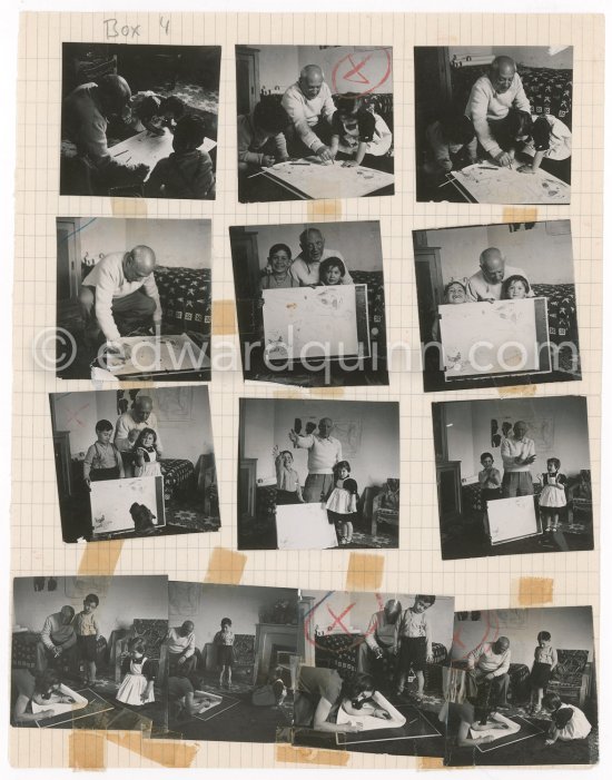 Contact prints of the photos of the drawing lesson given by Pablo Picasso to his children Claude Picasso and Paloma Picasso. "La Galloise", Vallauris 16.4.1953. Collage by Edward Quinn. - Photo by Edward Quinn