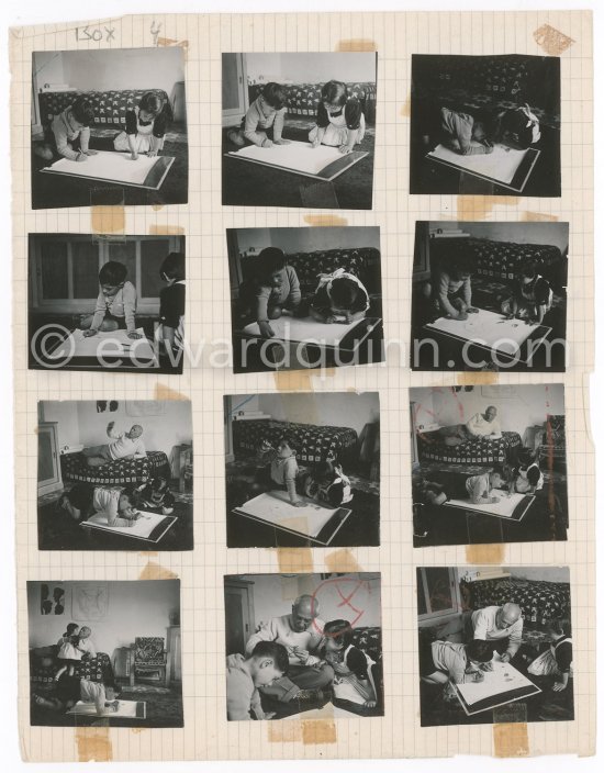 Contact prints of the photos of the drawing lesson given by Pablo Picasso to his children Claude Picasso and Paloma Picasso. "La Galloise", Vallauris 16.4.1953. Collage by Edward Quinn. - Photo by Edward Quinn