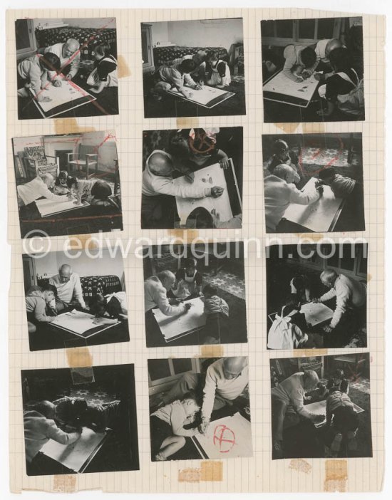 Contact prints of the photos of the drawing lesson given by Pablo Picasso to his children Claude Picasso and Paloma Picasso. "La Galloise", Vallauris 16.4.1953. Collage by Edward Quinn. - Photo by Edward Quinn