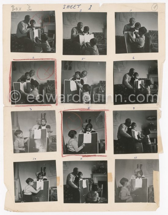 Contact prints of the photos of the drawing lesson given by Pablo Picasso to his children Claude Picasso and Paloma Picasso. "La Galloise", Vallauris 16.4.1953. Collage by Edward Quinn. - Photo by Edward Quinn
