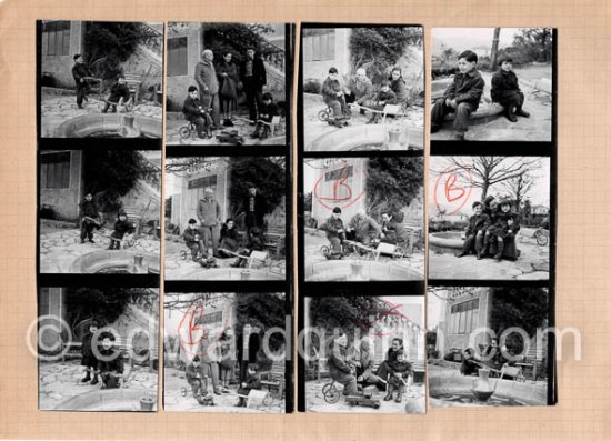 Contact prints: Pablo Picasso, Paloma Picasso, Claude Picasso, Paulo Picasso, Françoise Gilot at La Galloise, collage by Edward Quinn. Vallauris 1953. - Photo by Edward Quinn