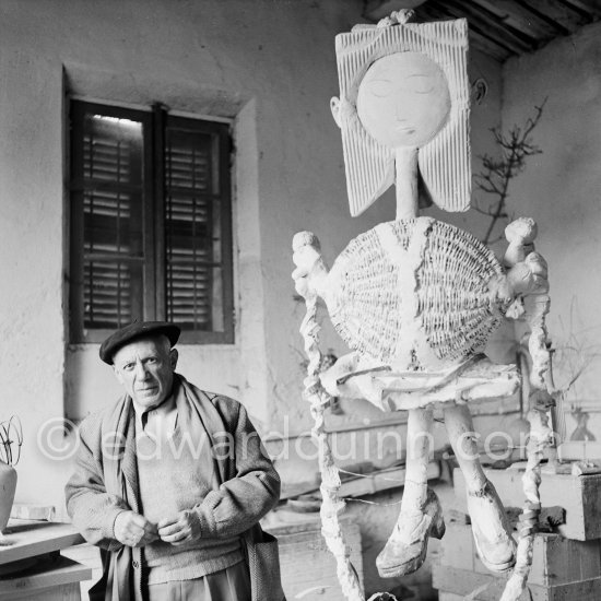 Pablo Picasso at Le Fournas with sculpture "Petite fille sautant à la corde". Vallauris 1950. - Photo by Edward Quinn