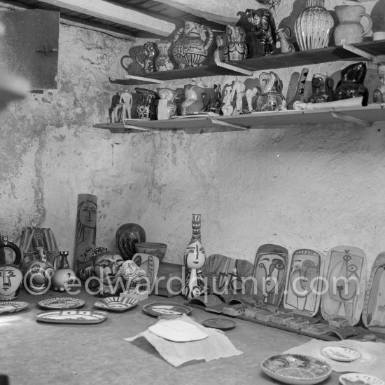 The storerooms at Madoura pottery where Pablo Picasso keeps the originals. Vallauris 1953. - Photo by Edward Quinn