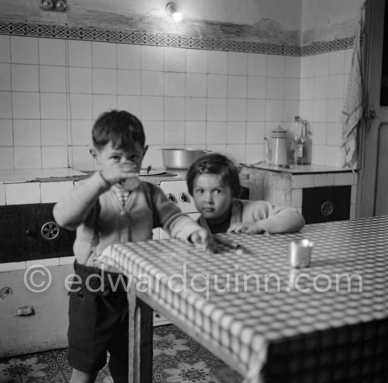 Claude and Paloma in the kitchen of La Galloise, Vallauris 1953. - Photo by Edward Quinn