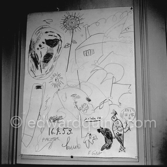 Drawing lesson given by Pablo Picasso to his children Claude Picasso and Paloma Picasso. La Galloise, Vallauris 16.4.1953. - Photo by Edward Quinn