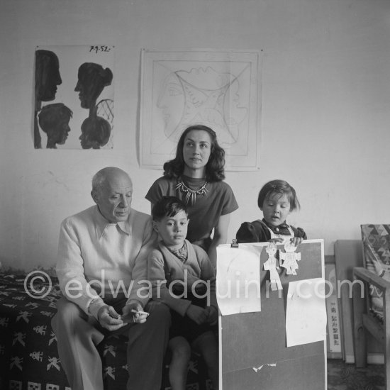 Encouraged by his father, Claude Picasso tmade a portrait of Pablo Picasso, portraying him with a round face, deep furrows on his forehead, a triangle for a nose, and streaks of hair on the sides of his head. La Galloise, Vallauris 16.4.1953. - Photo by Edward Quinn