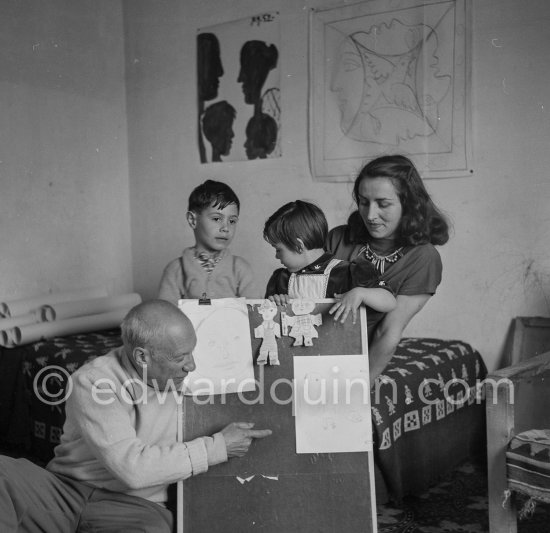 Encouraged by his father, Claude Picasso tried to do a portrait of Pablo Picasso, portraying him with a round face, deep furrows on his forehead, a triangle for a nose, and streaks of hair on the sides of his head. La Galloise, Vallauris 16.4.1953. - Photo by Edward Quinn