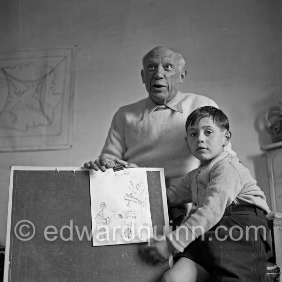 Picasso and his son Claude with a drawing by Claude. La Galloise, Vallauris 16.4.1953. - Photo by Edward Quinn