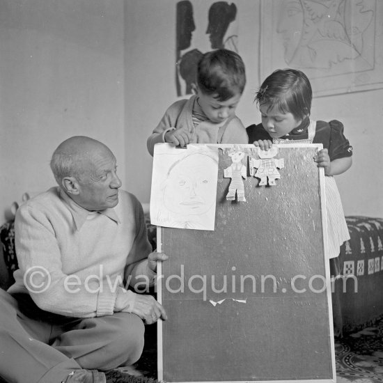 Claude Picasso drawing a portrait of his father. Drawing lesson given by Pablo Picasso to his children Claude Picasso and Paloma Picasso. La Galloise, Vallauris 16.4.1953. - Photo by Edward Quinn