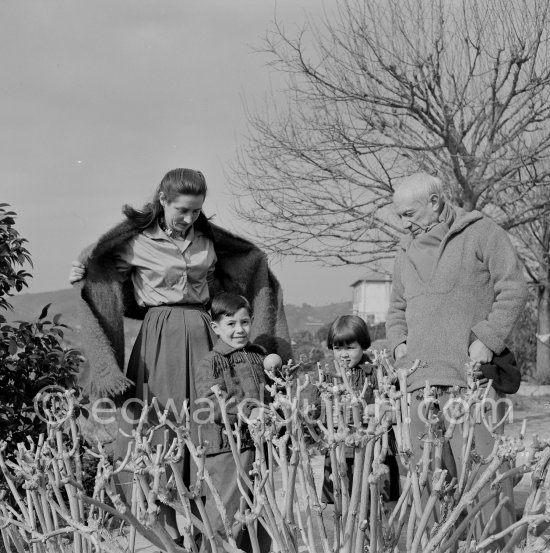 Pablo Picasso, Françoise Gilot, Claude Picasso and Paloma Picasso in the garden of La Galloise. Vallauris 1953. - Photo by Edward Quinn