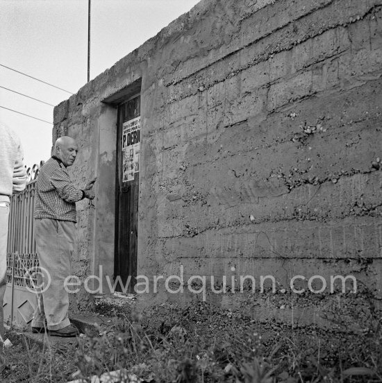 Pablo Picasso outside Le Fournas, poster "Votez pour la liste P. Derigon". Vallauris 1953. - Photo by Edward Quinn