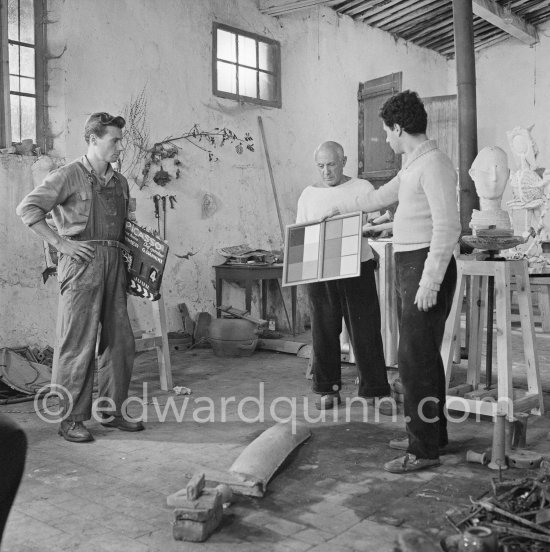 Pablo Picasso working in his sculpture studio Le Fournas making a sculpture figure with odds and ends from his scrap heap. The finished sculpture got the name "La femme à la clé (La Taulière)" ("Woman with a key"). Le Fournas, Vallauris 1953. - Photo by Edward Quinn