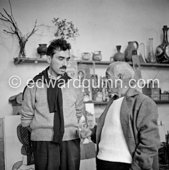 Picasso and film director Luciano Emmer. Le Fournas, Vallauris 1953. - Photo by Edward Quinn
