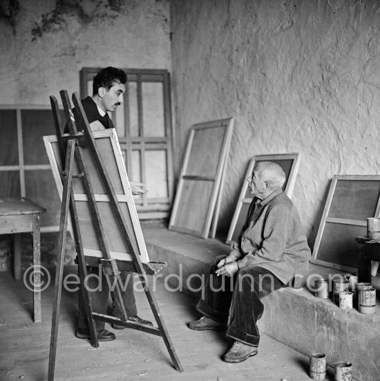 Pablo Picasso and film director Luciano Emmer, Madoura pottery, Vallauris 1953. - Photo by Edward Quinn