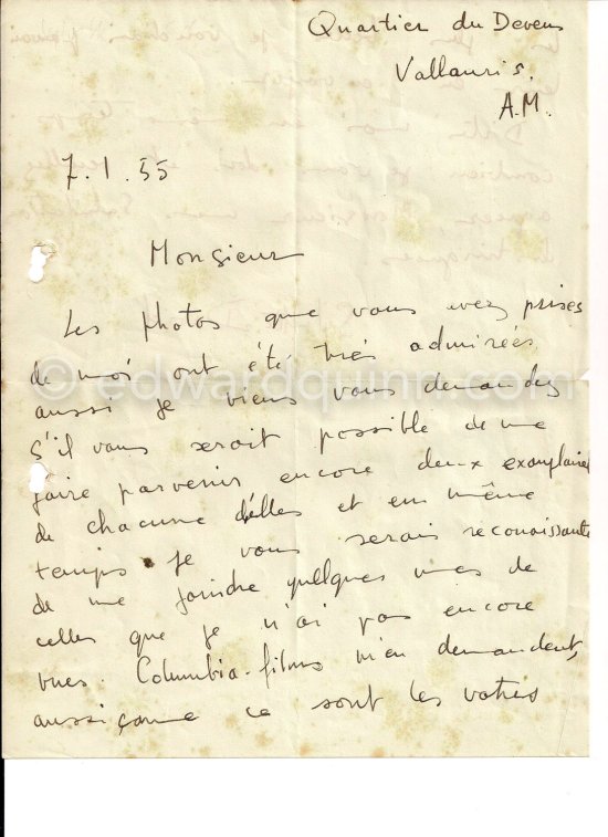 Letter of Sylvette David to Edward Quinn. Vallauris 1955. - Photo by Edward Quinn