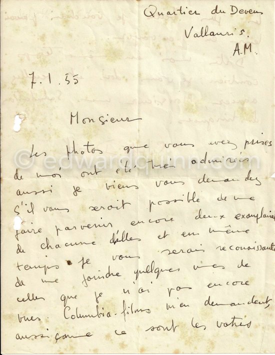 Letter of Sylvette David to Edward Quinn. Vallauris 1955. - Photo by Edward Quinn