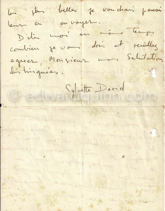 Letter of Sylvette David to Edward Quinn. Vallauris 1955. - Photo by Edward Quinn