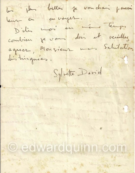 Letter of Sylvette David to Edward Quinn. Vallauris 1955. - Photo by Edward Quinn