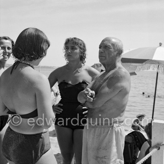 Pablo Picasso and Maya Picasso at the beach. Golfe-Juan 1954. - Photo by Edward Quinn