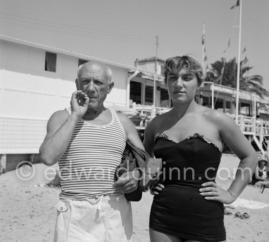 Pablo Picasso and Maya Picasso at the beach. Golfe-Juan 1954. - Photo by Edward Quinn