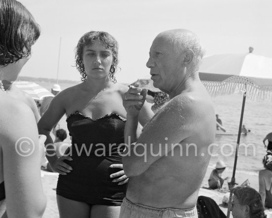 Pablo Picasso and Maya Picasso at the beach. Golfe-Juan 1954. - Photo by Edward Quinn