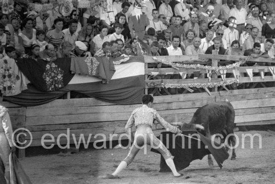 Claude Picasso, Pablo Picasso, Paul Derigon, Hélène Parmelin, Edouard Pignon, Marcel Duhamel, Paloma Picasso. Local Corrida. Vallauris 1954. - Photo by Edward Quinn