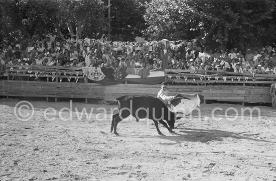 Spanish torero Luis Marca. On the grandstand Claude Picasso, Françoise Gilot, Pablo Picasso, Paul Derigon, the mayor of Vallauris, Hélène Parmelin, Edouard Pignon. First Corrida of Vallauris 1954. - Photo by Edward Quinn