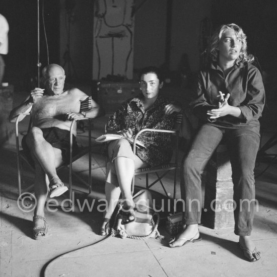 Pablo Picasso, his daughter Maya Picasso and Jacqueline Roque. During filming of "Le mystère Picasso". Nice, Studios de la Victorine 1955. - Photo by Edward Quinn