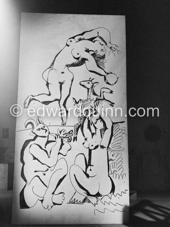 A bucolic pastoral scene on drawing paper which was to serve as background for the film "Le mystère Picasso" by Henri-Georges Clouzot. Nice, Studios de la Victorine 1955. - Photo by Edward Quinn