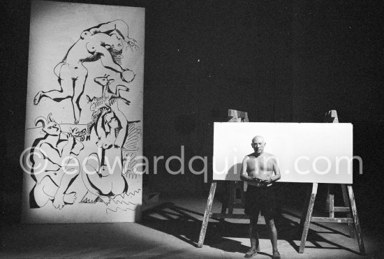 Picasso working on a bucolic pastoral scene on drawing paper which was to serve as background for the film "Le mystère Picasso" by Henri-Georges Clouzot. Nice, Studios de la Victorine 1955. - Photo by Edward Quinn