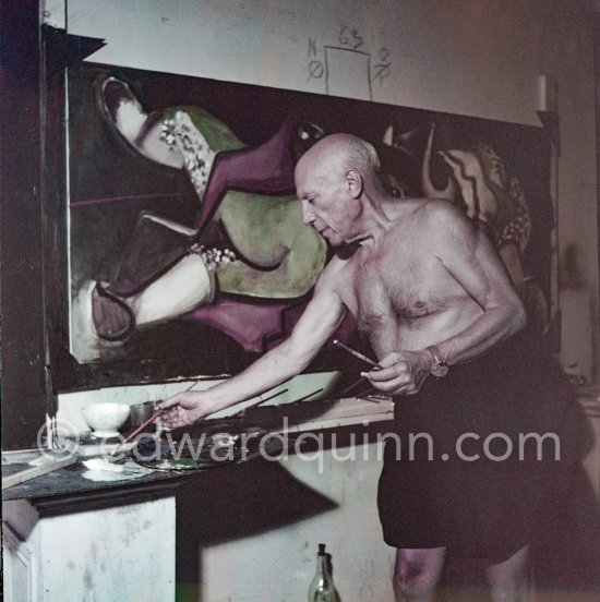 Pablo Picasso portrays a stage in the bullfight when the bullfighter is caught by the horns of the bull. "Le mystère Picasso". Studios de la Victorine, Nice 1955. - Photo by Edward Quinn