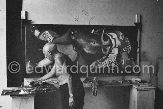 Pablo Picasso portrays a stage in the bullfight when the bullfighter is caught by the horns of the bull. During filming of "Le mystère Picasso". Nice, Studios de la Victorine, 1955. - Photo by Edward Quinn