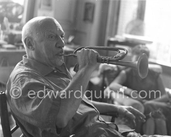 Pablo Picasso with trumpet. La Californie, Cannes 1956. (Digitized from Vintage Print, original negative missing) - Photo by Edward Quinn
