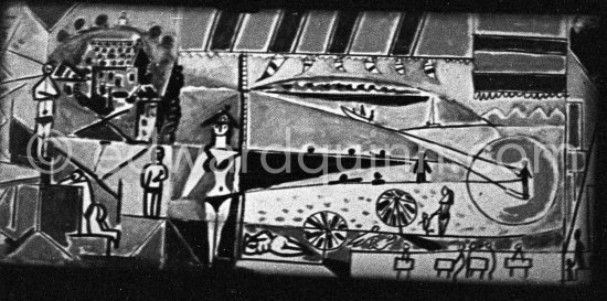 The making of "La plage à la Garoupe I" for the film "Le mystère Picasso". Nice, Studios de la Victorine, 1955. - Photo by Edward Quinn