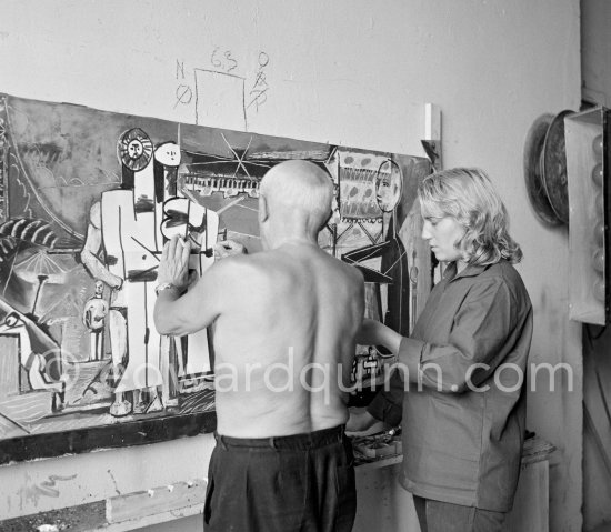 Pablo Picasso and Maya Picasso. The making of "La plage à la Garoupe I" for the film "Le mystère Picasso". Nice, Studios de la Victorine, 1955. - Photo by Edward Quinn