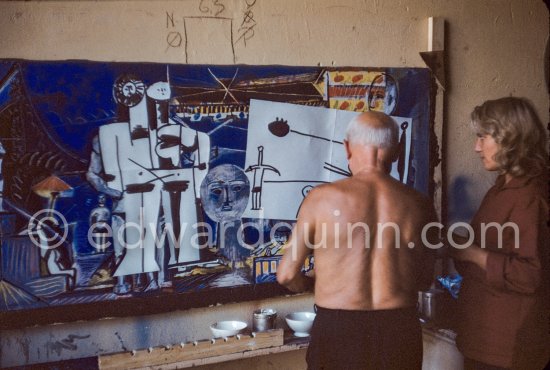 Pablo Picasso and Maya Picasso. The making of "La plage à la Garoupe I" for the film "Le mystère Picasso". Nice, Studios de la Victorine, 1955. - Photo by Edward Quinn