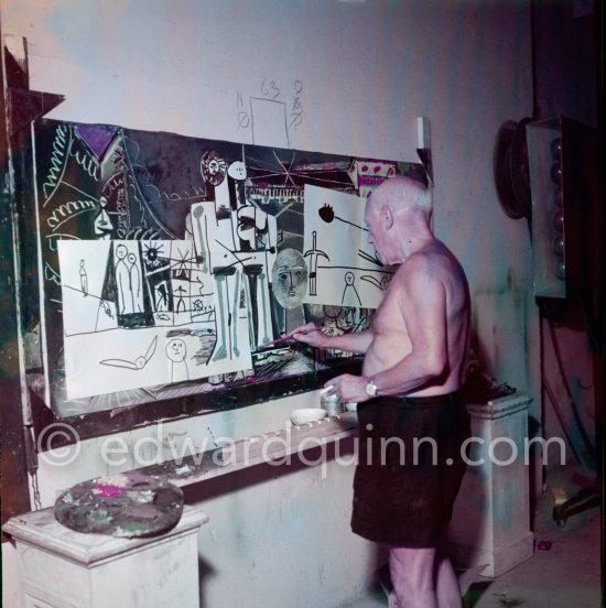 Pablo Picasso painting "La plage à la Garoupe I" for the film "Le mystère Picasso". Nice, Studios de la Victorine, 1955. - Photo by Edward Quinn