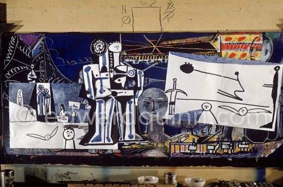 The making of "La plage à la Garoupe I" for the film "Le mystère Picasso". Nice, Studios de la Victorine, 1955. - Photo by Edward Quinn