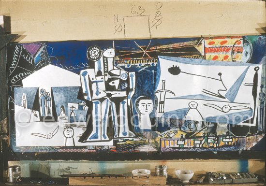 The making of "La plage à la Garoupe I" for the film "Le mystère Picasso". Nice, Studios de la Victorine, 1955. - Photo by Edward Quinn