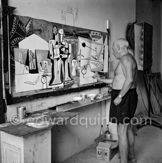 Pablo Picasso painting "La plage à la Garoupe I" for the film "Le mystère Picasso". Nice, Studios de la Victorine, 1955. - Photo by Edward Quinn