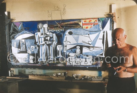 Pablo Picasso painting "La plage à la Garoupe I" for the film "Le mystère Picasso". Nice, Studios de la Victorine, 1955. - Photo by Edward Quinn