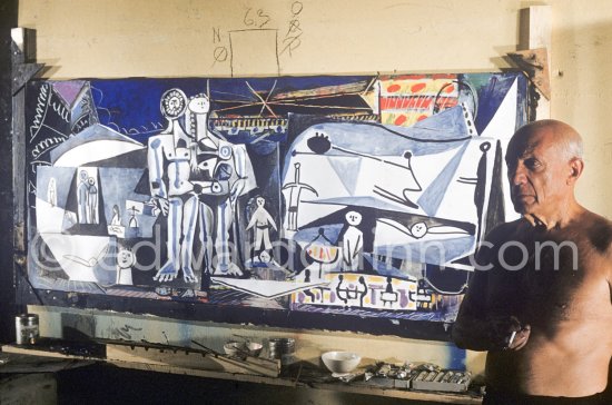 Pablo Picasso painting "La plage à la Garoupe I" for the film "Le mystère Picasso". Nice, Studios de la Victorine, 1955. - Photo by Edward Quinn